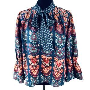 Warm Floral Boho Long Sleeve Blouse Size L/XL Poet Artist Ruffles